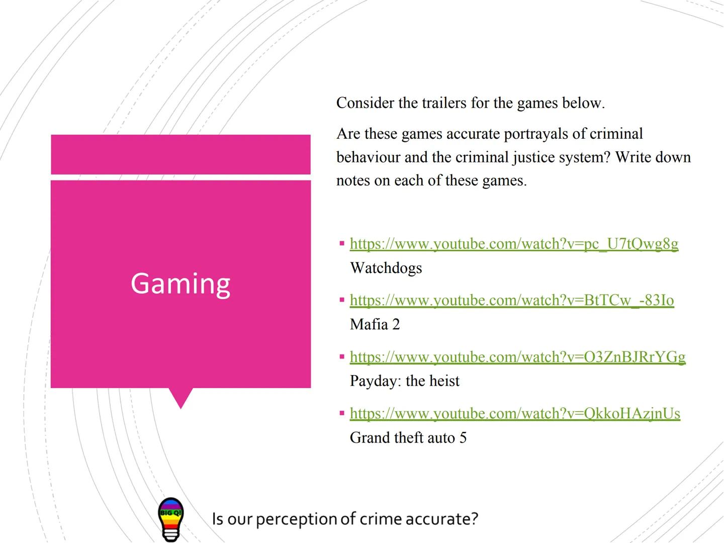 BIG QU
AC 1.4 Describe media
representation of crime (6
Is our perception of crime accurate?
ANNE EN TENE Success
Criteria. What
AC am I? Ho