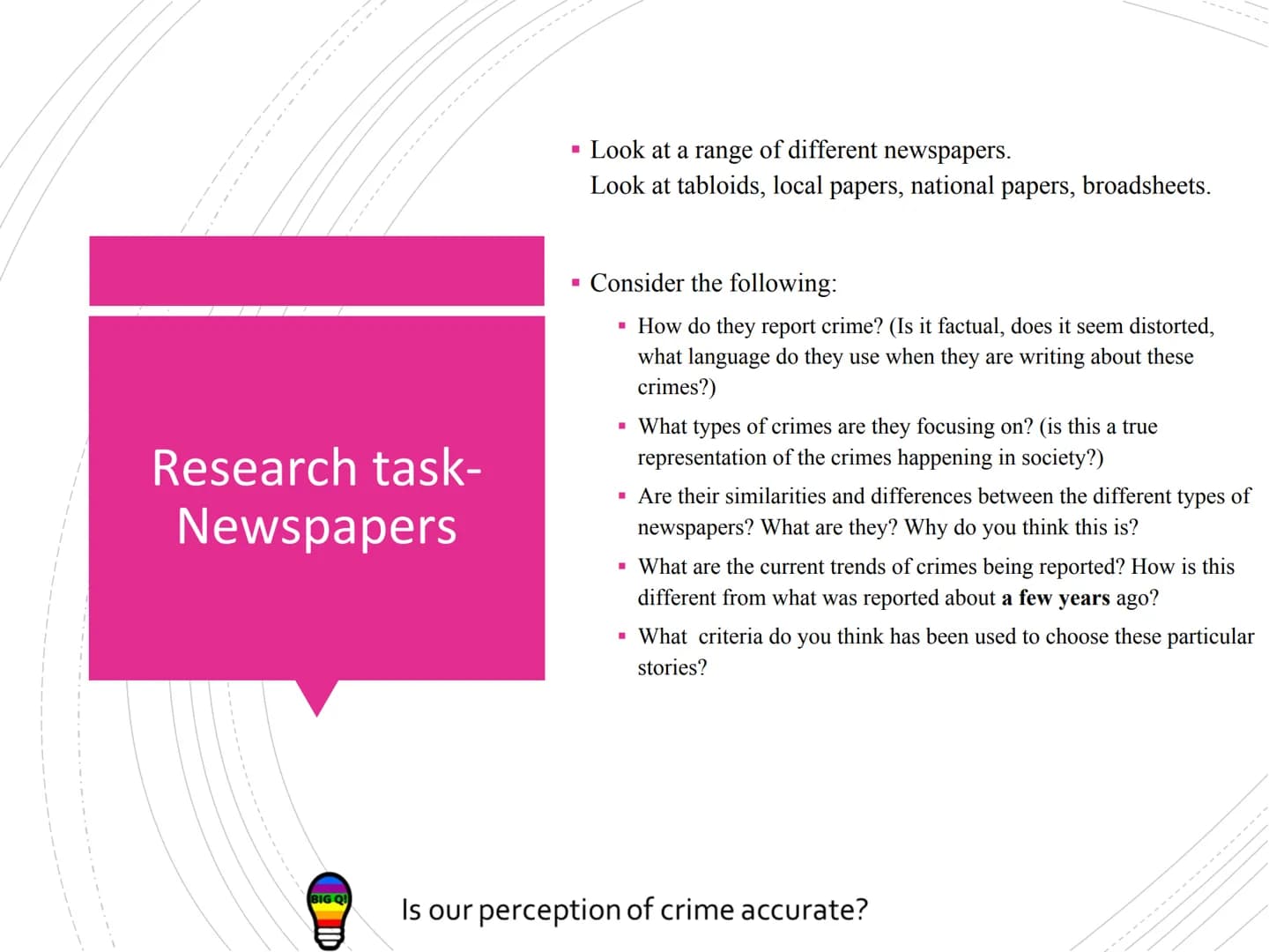 BIG QU
AC 1.4 Describe media
representation of crime (6
Is our perception of crime accurate?
ANNE EN TENE Success
Criteria. What
AC am I? Ho