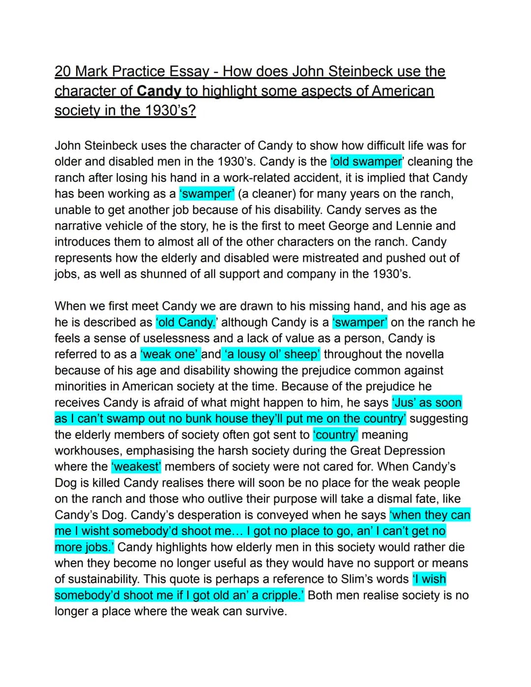 20 Mark Practice Essay - How does John Steinbeck use the
character of Candy to highlight some aspects of American
society in the 1930's?
Joh