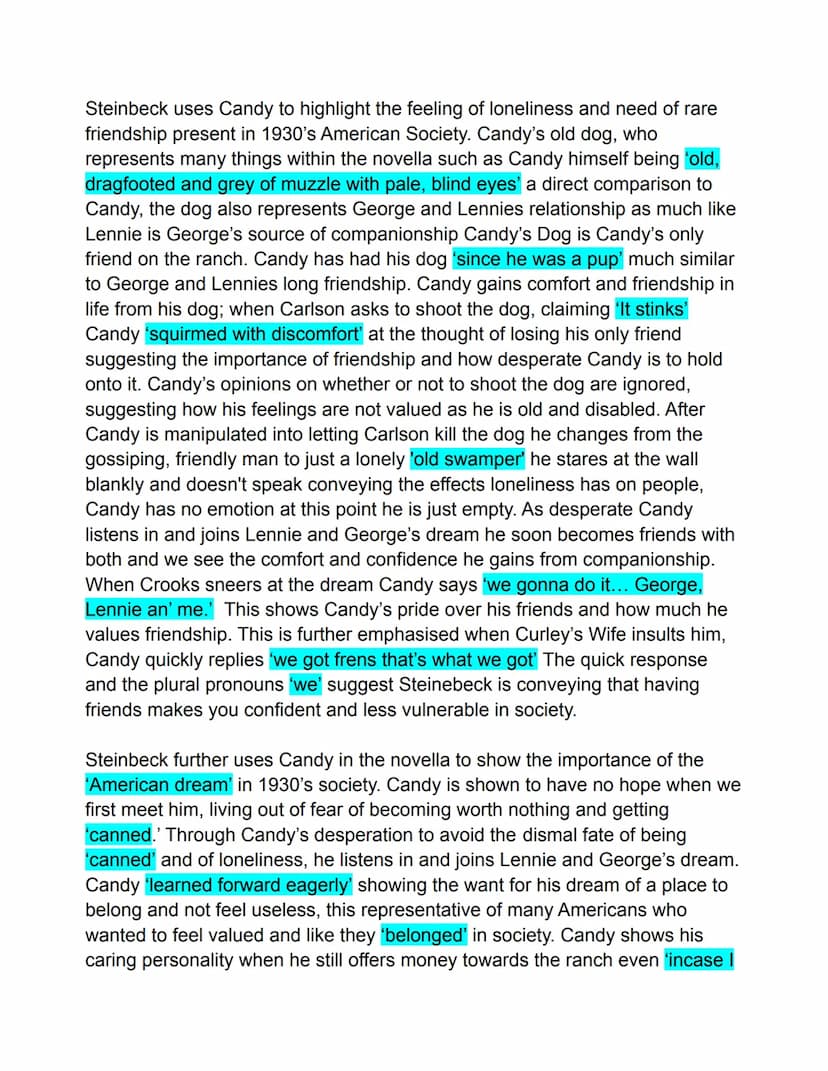 20 Mark Practice Essay - How does John Steinbeck use the
character of Candy to highlight some aspects of American
society in the 1930's?
Joh