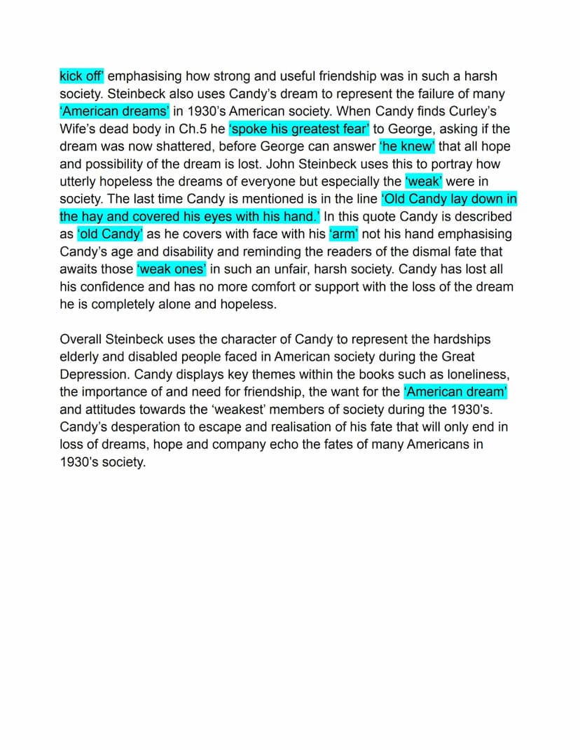 20 Mark Practice Essay - How does John Steinbeck use the
character of Candy to highlight some aspects of American
society in the 1930's?
Joh