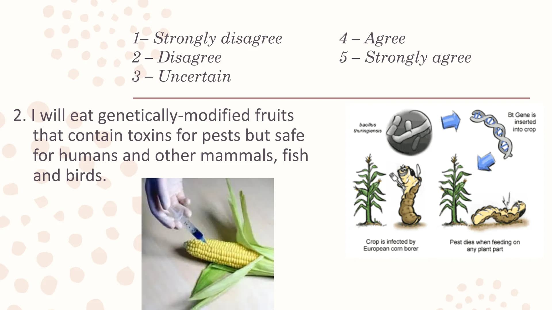 Genetically
Modified
Organisms
(GMO) Learning Competencies
●
●
Describe the process of genetic engineering.
Conduct a survey of the current 