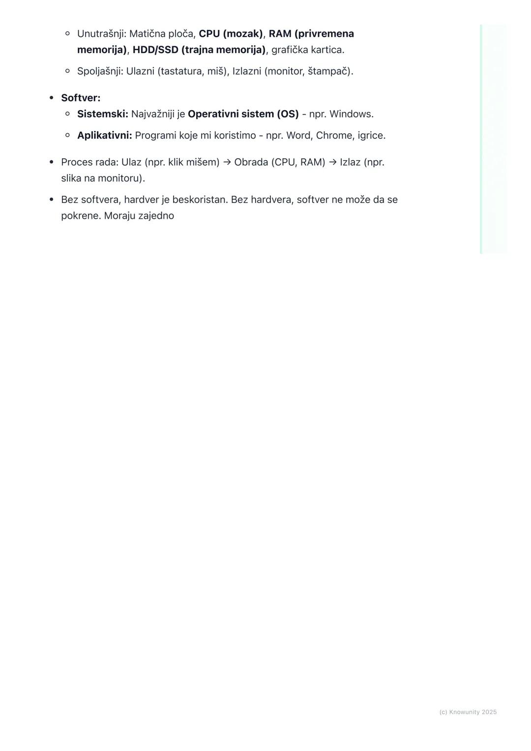 # Hardver i softver računara

Uvod u hardver i softver

Računar se sastoji iz dva osnovna dela: hardvera i softvera. Ne mogu da rade
jedan b