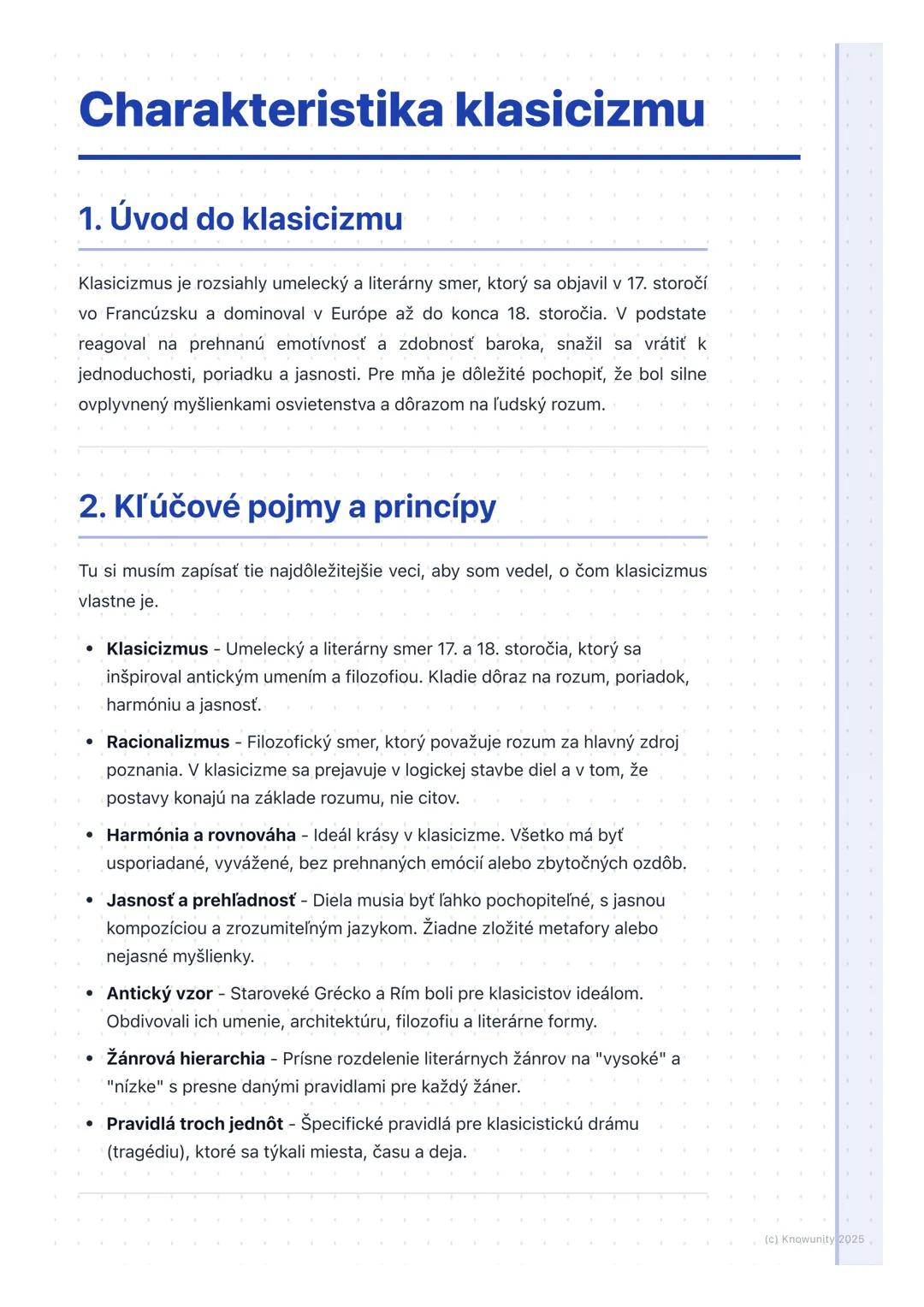# Charakteristika klasicizmu

## 1. Úvod do klasicizmu

Klasicizmus je rozsiahly umelecký a literárny smer, ktorý sa objavil v 17. storočí
v