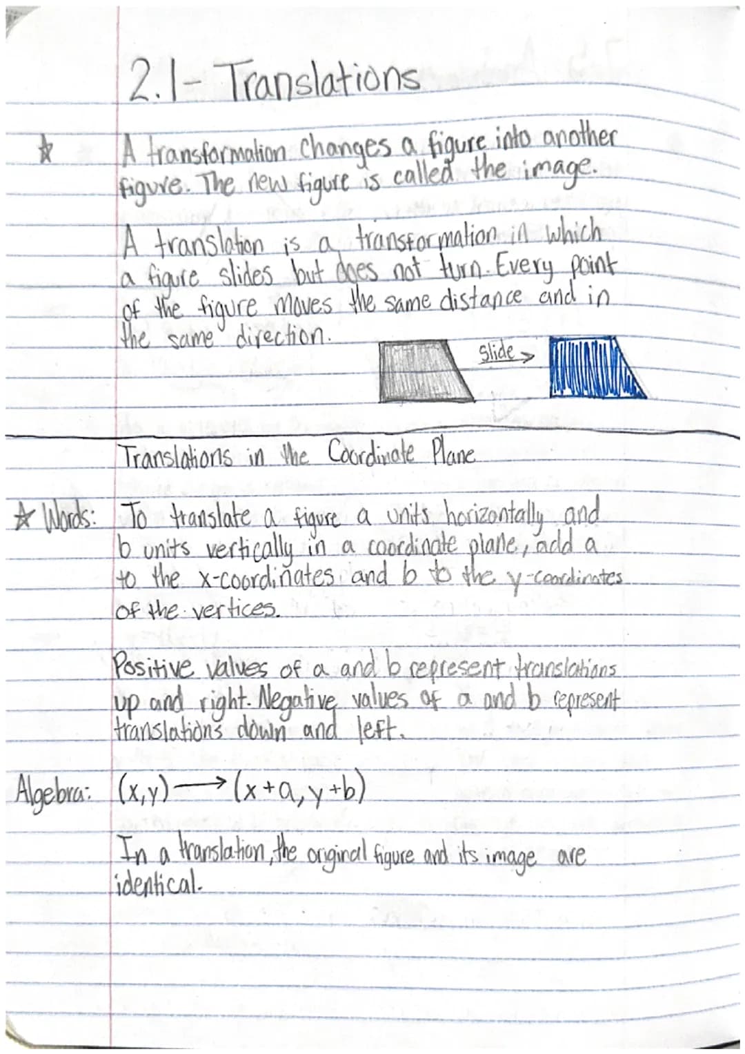 k
2.1- Translations
A transformation changes a figure into another
figure. The new figure is called the image.
A translation is a transforma