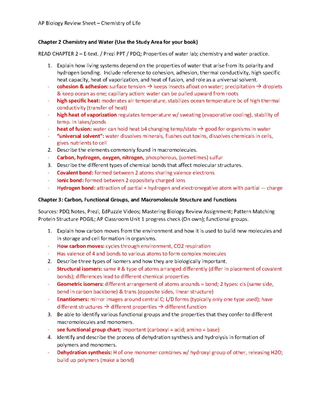 Chemistry of Life Review 