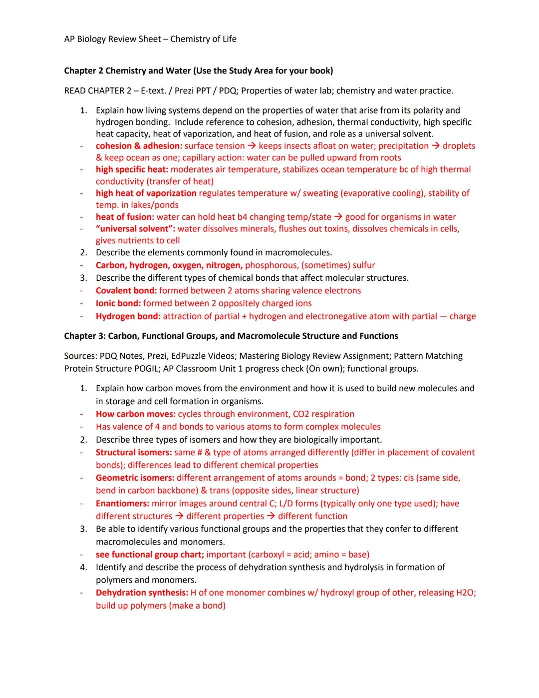 AP Biology Review Sheet - Chemistry of Life
Chapter 2 Chemistry and Water (Use the Study Area for your book)
READ CHAPTER 2 - E-text./ Prezi