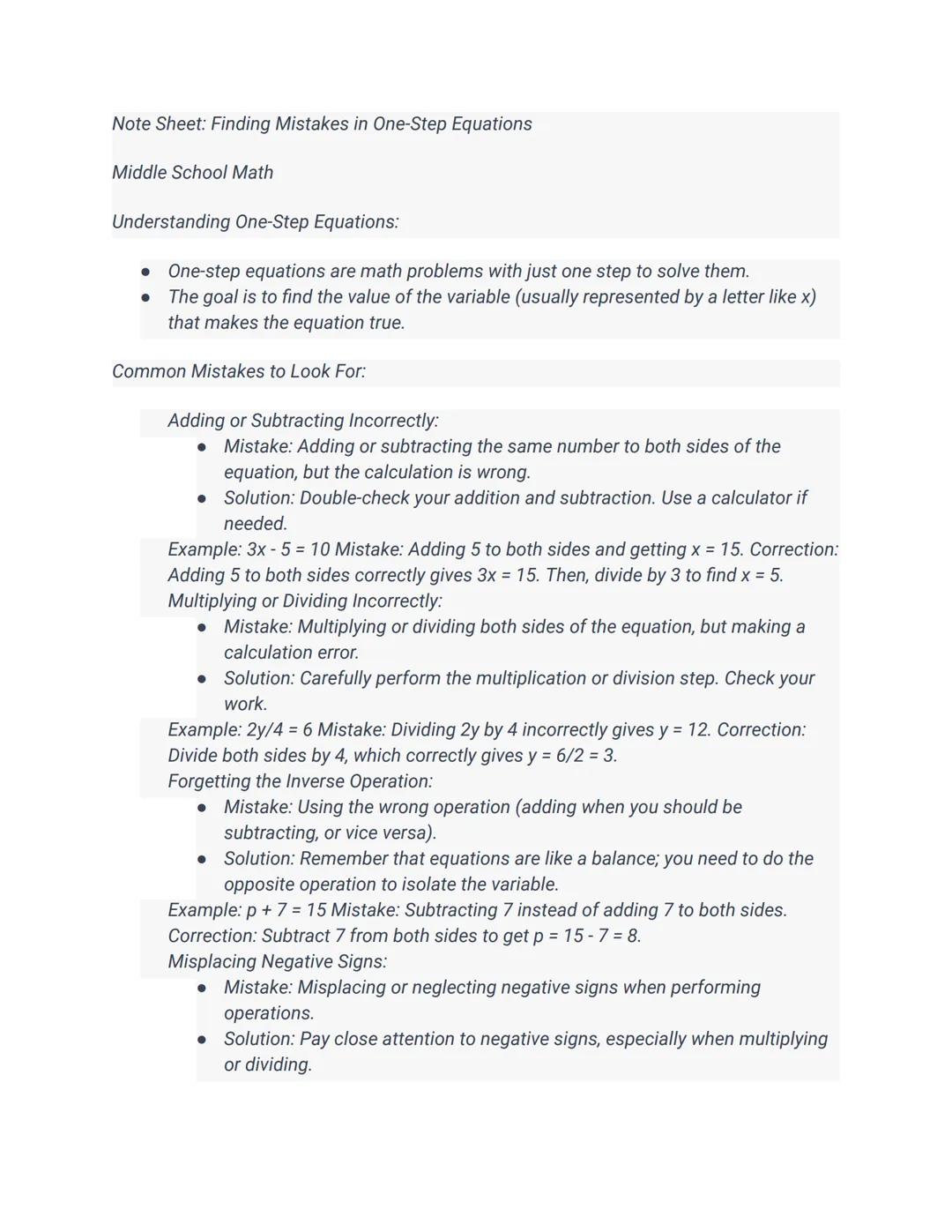 Note Sheet: Finding Mistakes in One-Step Equations

Middle School Math

Understanding One-Step Equations:

• One-step equations are math pro