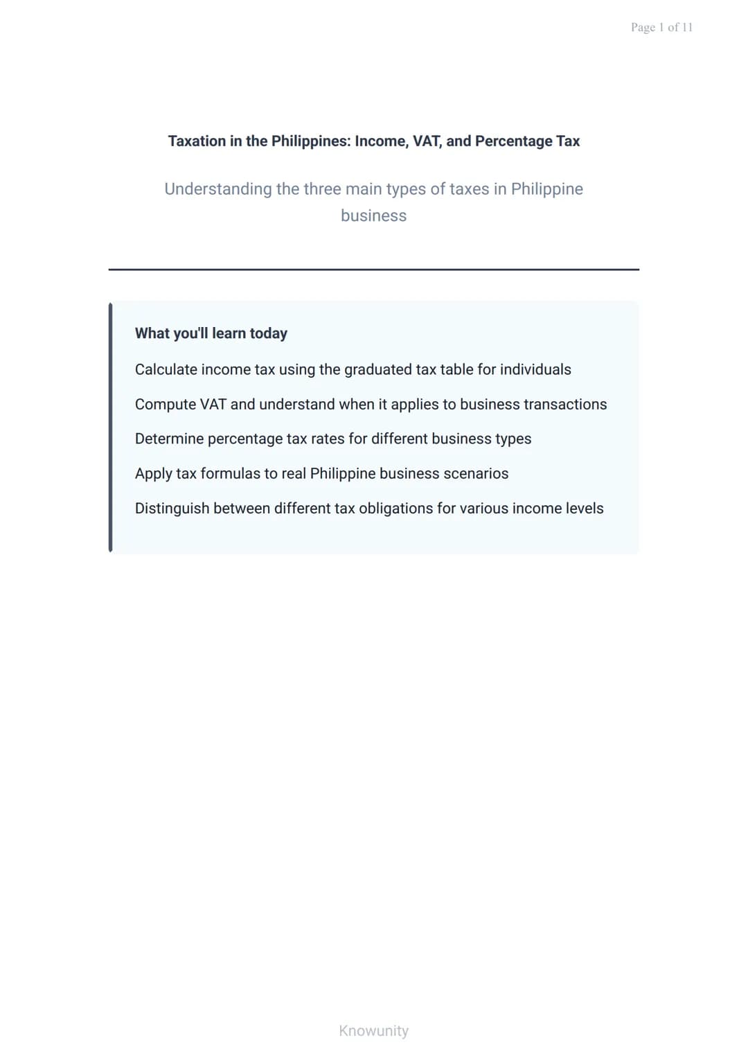 Taxation in the Philippines: Income, VAT, and Percentage Tax
Understanding the three main types of taxes in Philippine
business
What you'll 