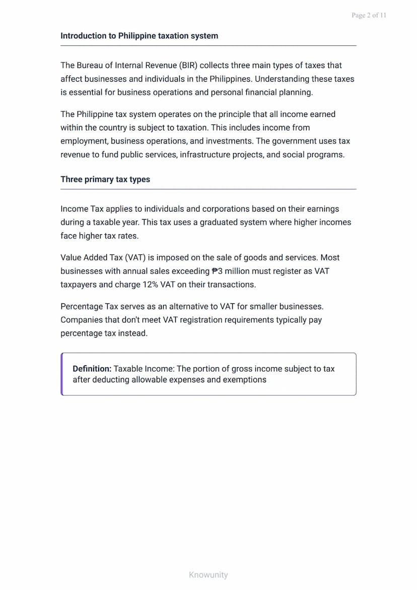 Taxation in the Philippines: Income, VAT, and Percentage Tax
Understanding the three main types of taxes in Philippine
business
What you'll 