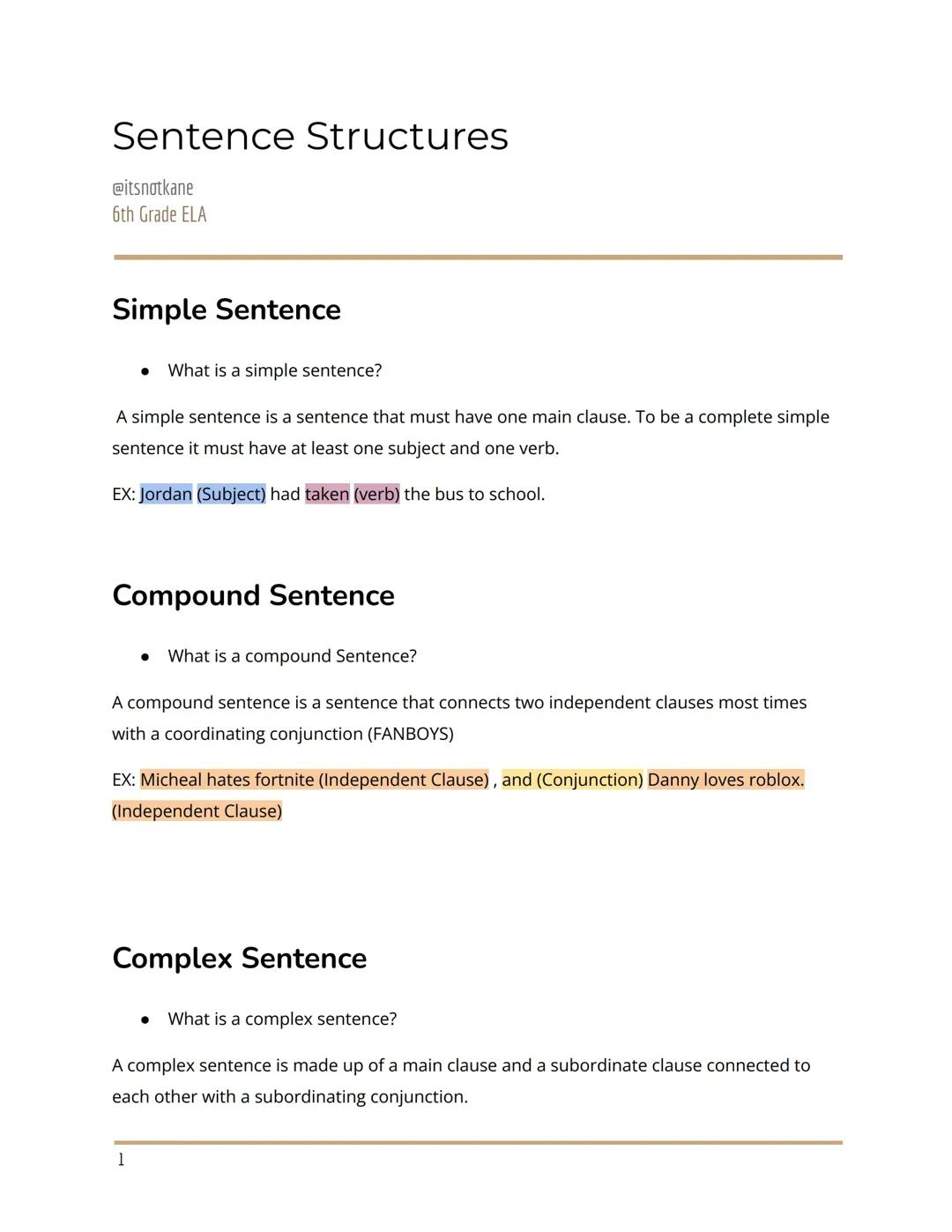 Simple vs Compound vs Complex Sentences Worksheet with Examples for 6th Grade