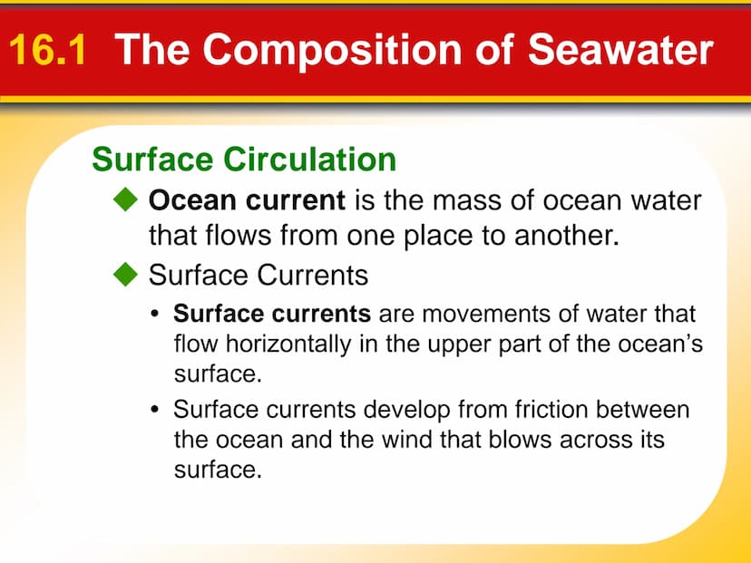 Chapter
16
The Dynamic Ocean 16.1 The Composition of Seawater
Surface Circulation
Ocean current is the mass of ocean water
that flows from o