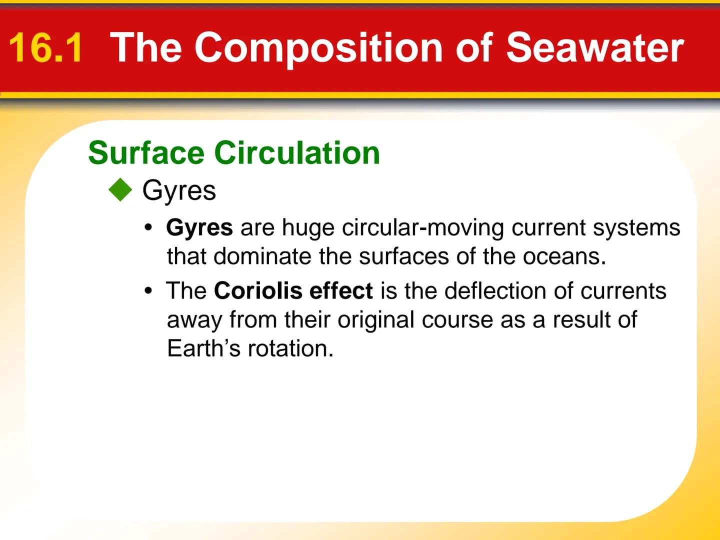 Chapter
16
The Dynamic Ocean 16.1 The Composition of Seawater
Surface Circulation
Ocean current is the mass of ocean water
that flows from o