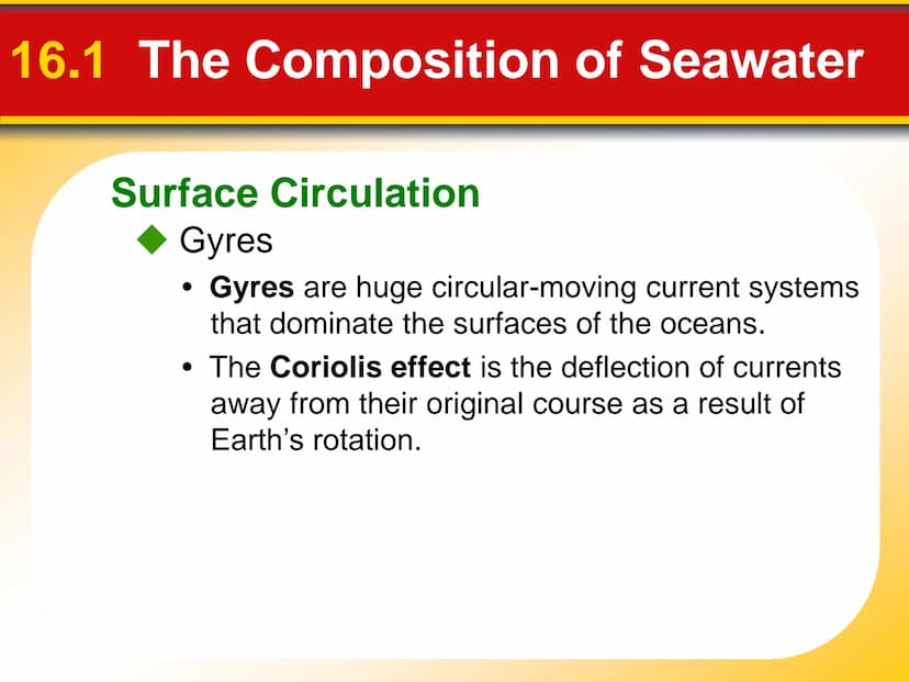 Chapter
16
The Dynamic Ocean 16.1 The Composition of Seawater
Surface Circulation
Ocean current is the mass of ocean water
that flows from o