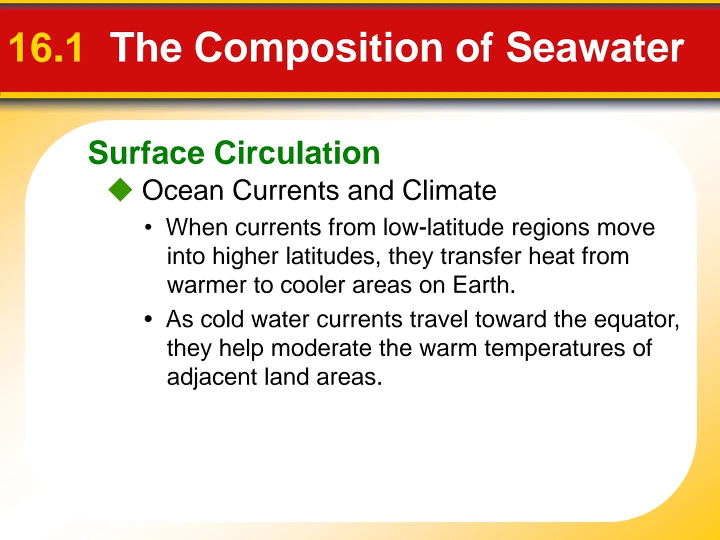 Chapter
16
The Dynamic Ocean 16.1 The Composition of Seawater
Surface Circulation
Ocean current is the mass of ocean water
that flows from o