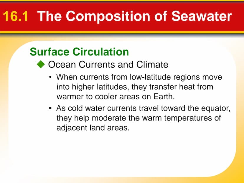 Chapter
16
The Dynamic Ocean 16.1 The Composition of Seawater
Surface Circulation
Ocean current is the mass of ocean water
that flows from o