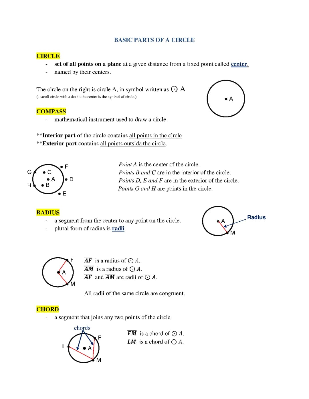 BASIC PARTS OF A CIRCLE