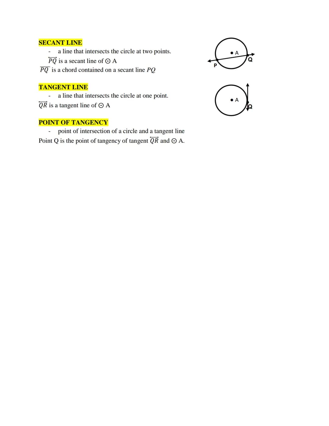 G
H
CIRCLE
set of all points on a plane at a given distance from a fixed point called center.
named by their centers.
The circle on the righ