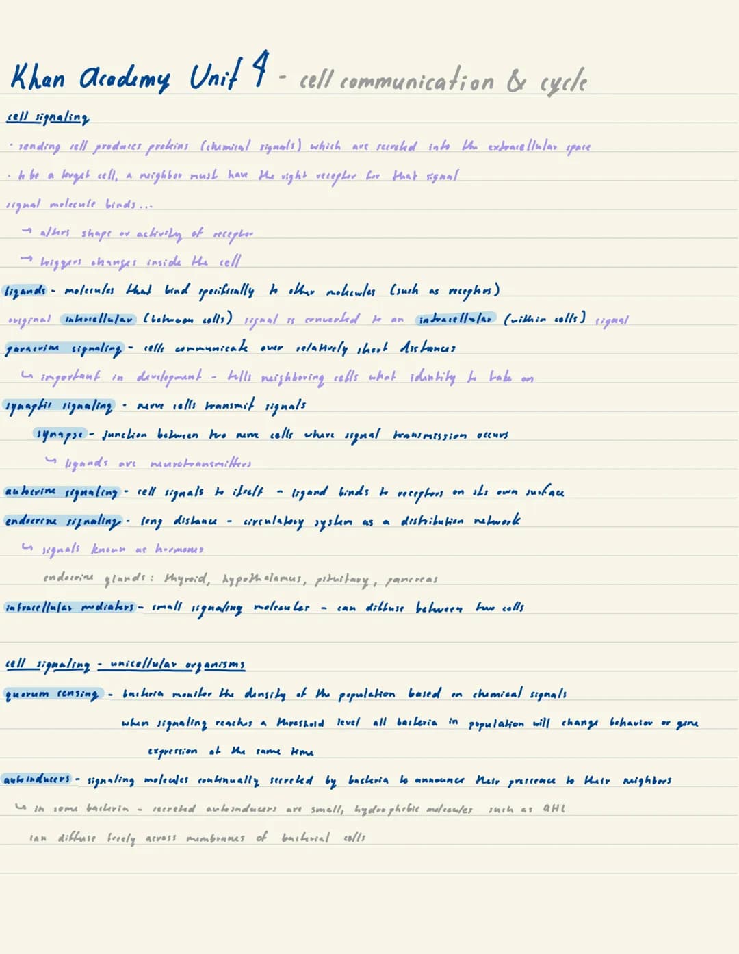 Khan Academy Unit 4-cell communication & cycle
cell signaling
-sending sell produces prokins (chemical signals) which are secreted into the 