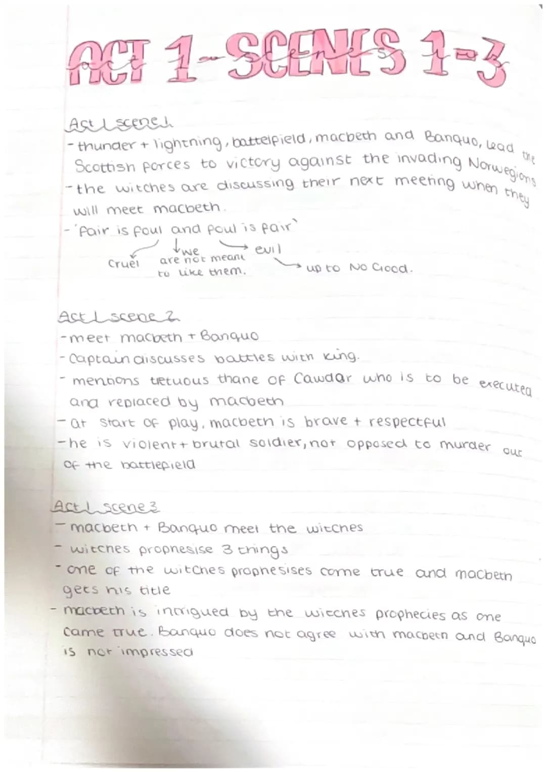 ACT 1-SCENES 1-3
Ast I scene!
-thunder + lightning, batteipield, macbeth and Banquo, lead
Scottish porces to victory against the invading No