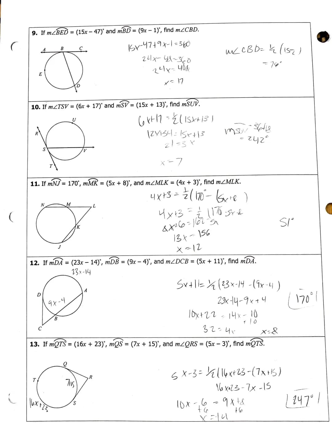 ARGS, ANGLES, & ALGEBRA
Directions: Find each value or measure. Assume that segments that appear to be tangent are tangent.
1. Solve for x.
