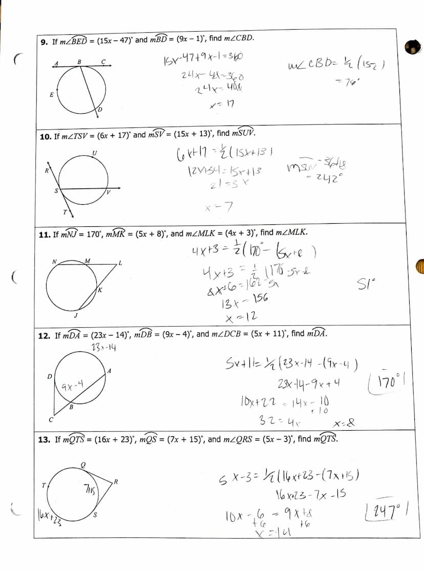 ARGS, ANGLES, & ALGEBRA
Directions: Find each value or measure. Assume that segments that appear to be tangent are tangent.
1. Solve for x.

