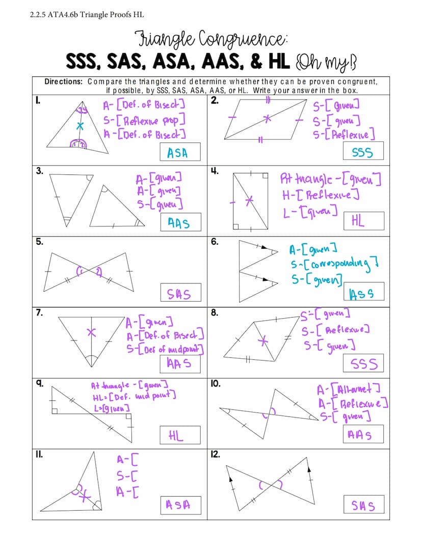 2.2.5 ATA4.6b Triangle Proofs HL
RIGHT TRIANGLE CONGRUENCE Proofs HL
HL (hypotenuse-leg) CONGRUENCE THEOREM
If the hypotenuse and a leg of o