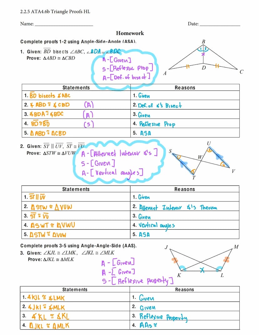 2.2.5 ATA4.6b Triangle Proofs HL
RIGHT TRIANGLE CONGRUENCE Proofs HL
HL (hypotenuse-leg) CONGRUENCE THEOREM
If the hypotenuse and a leg of o