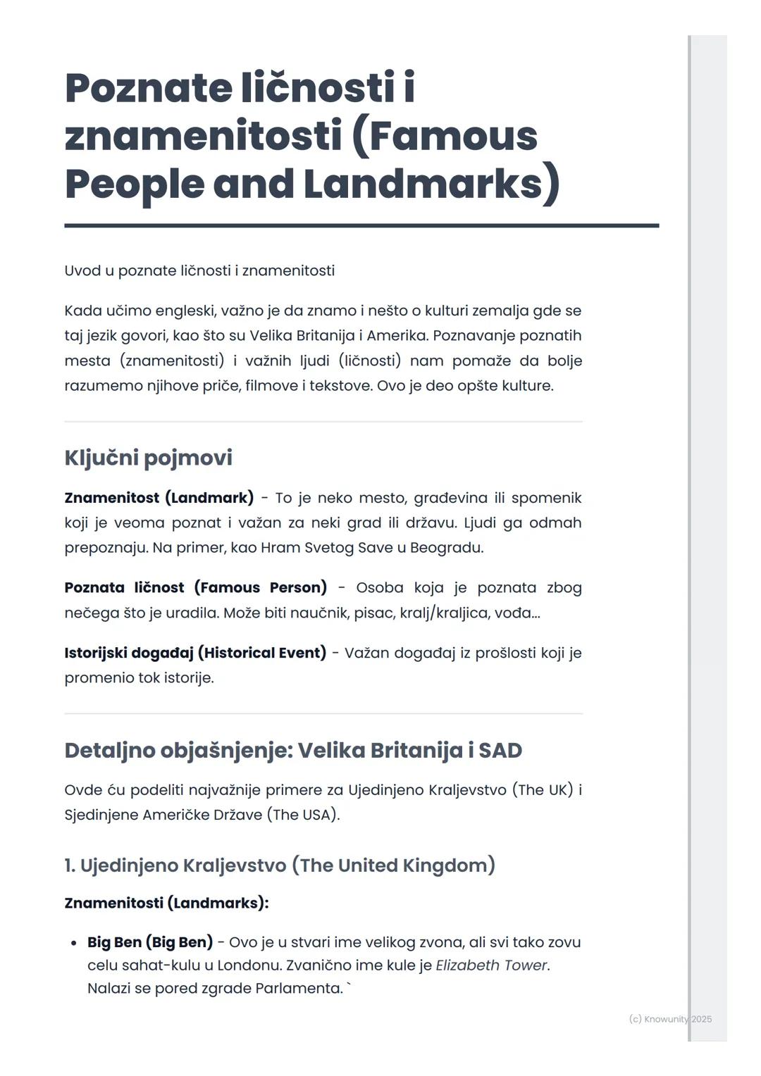 # Poznate ličnosti i
znamenitosti (Famous
People and Landmarks)

Uvod u poznate ličnosti i znamenitosti

Kada učimo engleski, važno je da zn