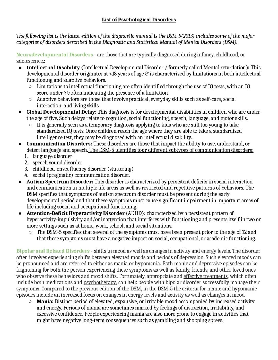List of Psychological Disorders