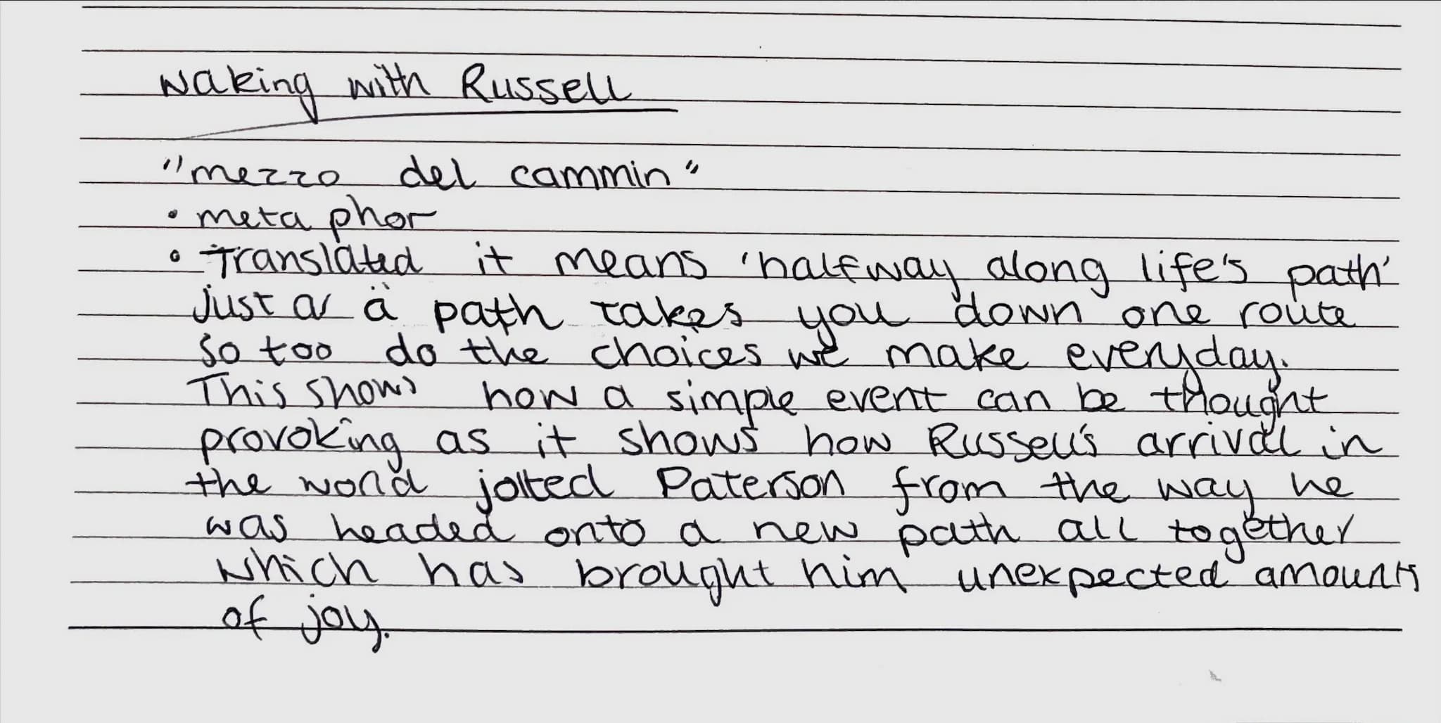 waking with Russell
del cammin
"mezzo
• metaphor
So too
This shows
Translated it means 'halfway along life's path'
Just a a path takes you d