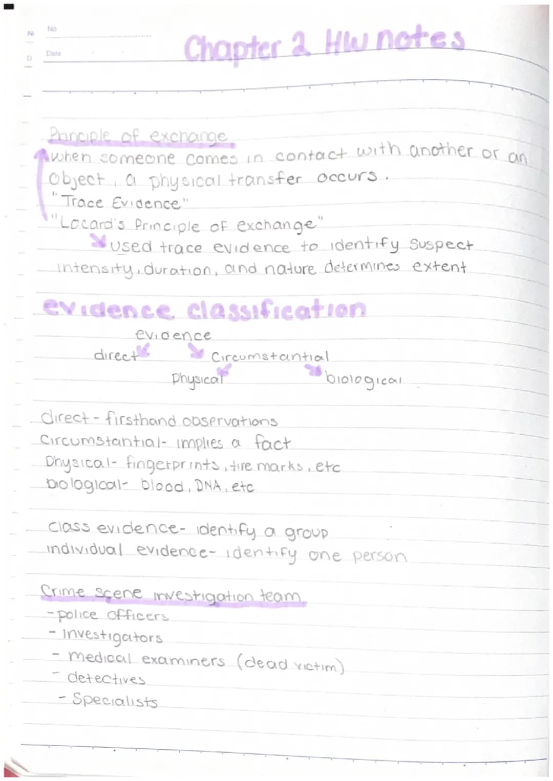 N
No
Date
Chapter 2 HW notes
Principle of exchange
Awhen someone comes in contact with another or an
object, a physical transfer occurs.
Tra