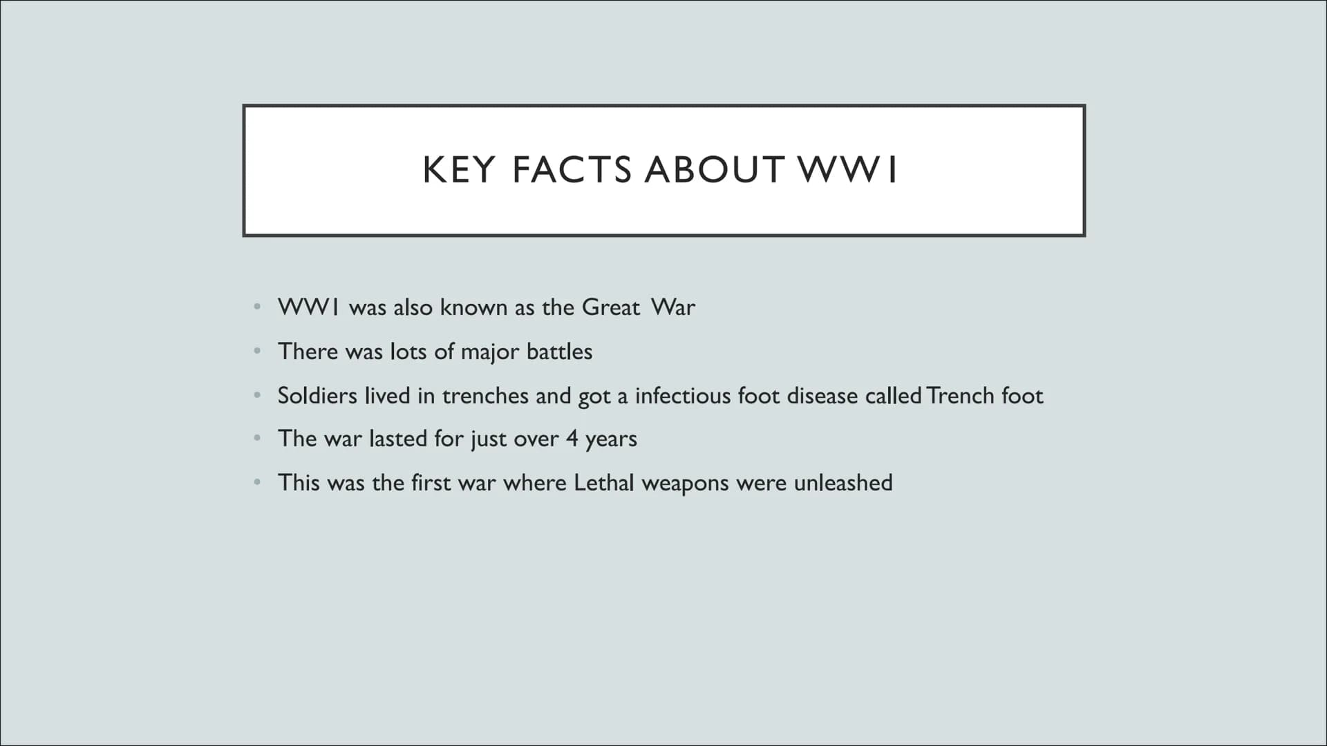 
<h2 id="introduction">Introduction</h2>
<p>World War I, also known as the Great War, took place between July 28, 1914, and November 11, 191