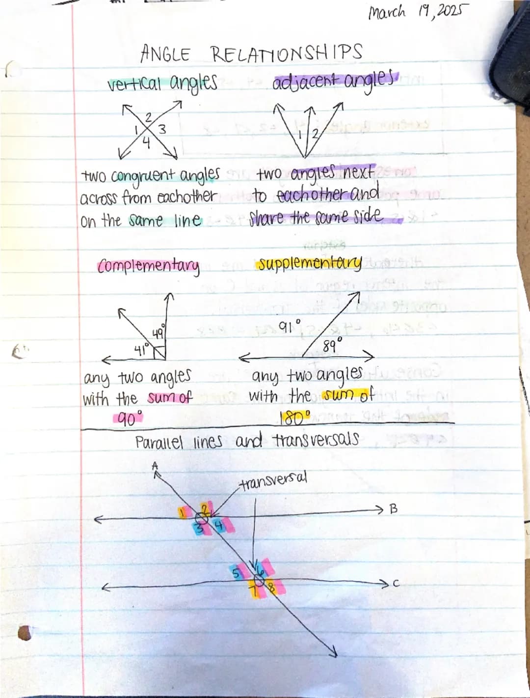 --- OCR Start ---
March 19,2025
ANGLE RELATIONSHIPS
vertical angles
adjacent angles
2
3
1
2
4
two congruent angles
across from eachother
on 