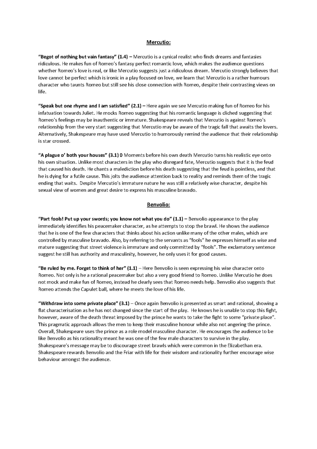 Romeo and Juliet Key Quotes: Mercutio and Benvolio 