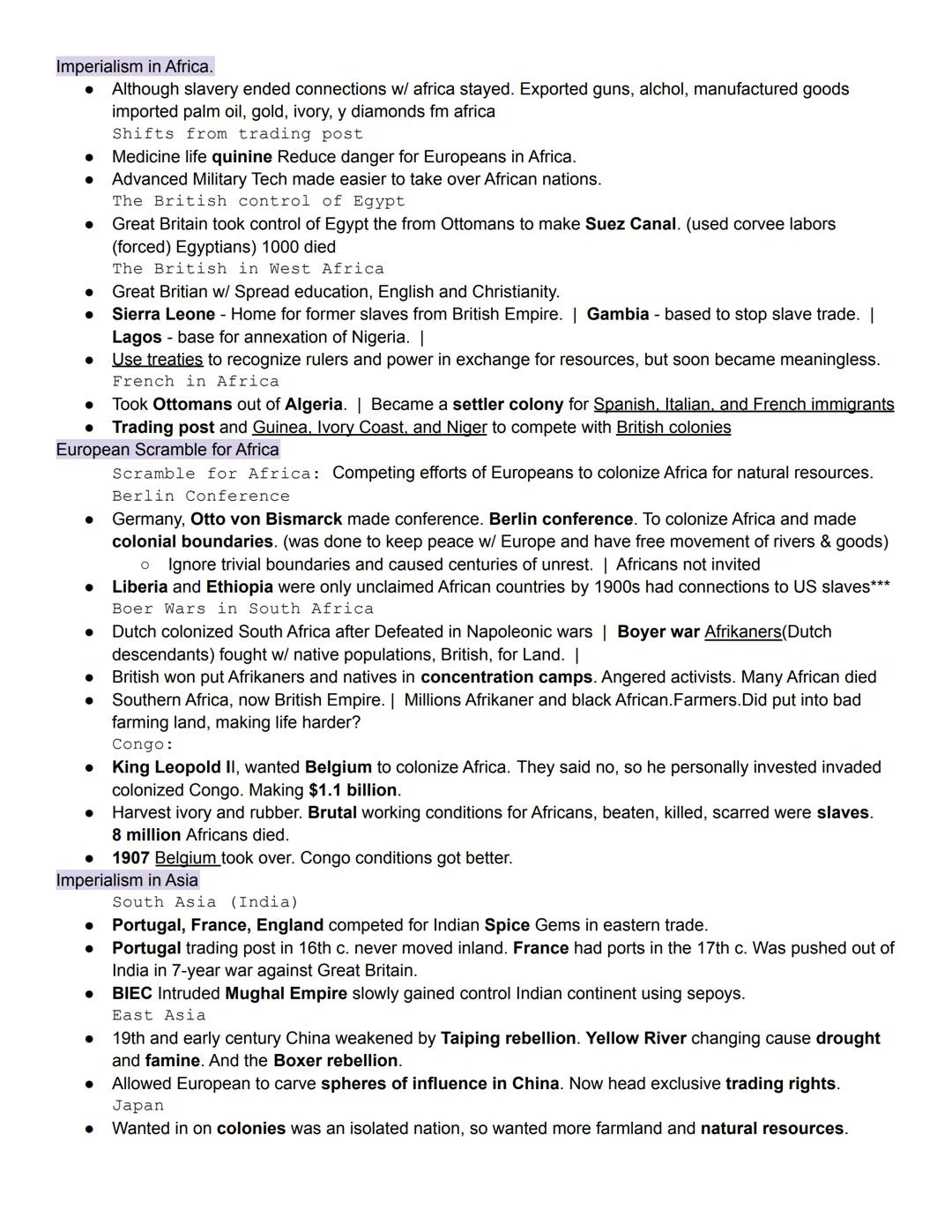 # Imperialism in Africa.

*   Although slavery ended connections w/ africa stayed. Exported guns, alchol, manufactured goods
    imported pa