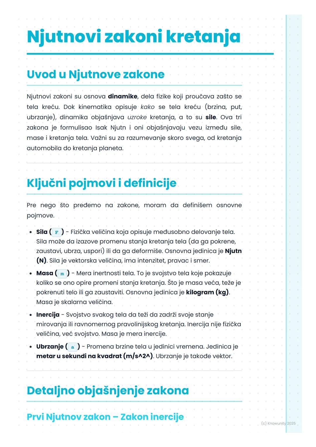 # Njutnovi zakoni kretanja

## Uvod u Njutnove zakone

Njutnovi zakoni su osnova dinamike, dela fizike koji proučava zašto se
tela kreću. Do