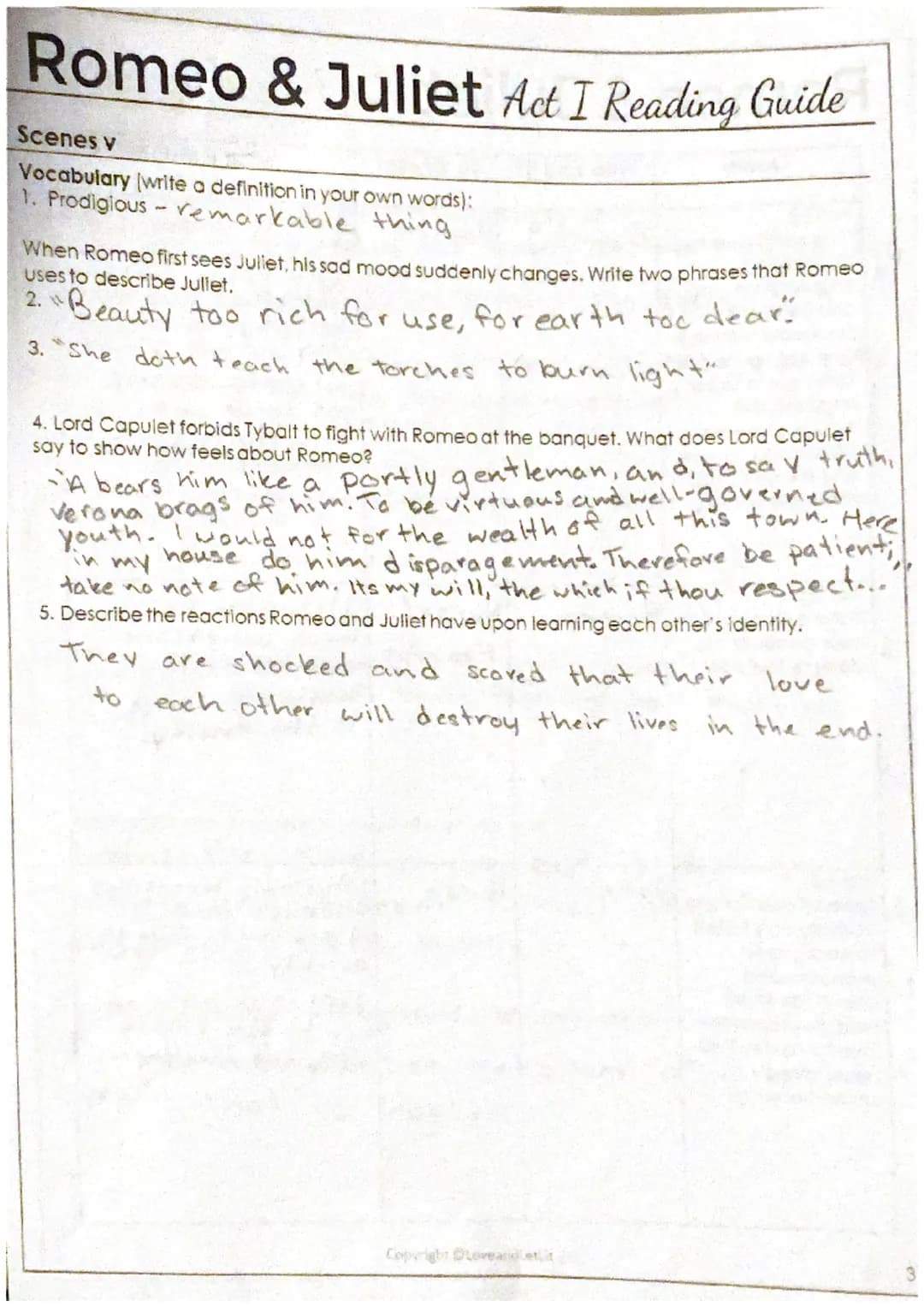 Romeo & Juliet Act I Reading Guide
50150
Characters: Write a brief description of each character including personality traits and the
charac