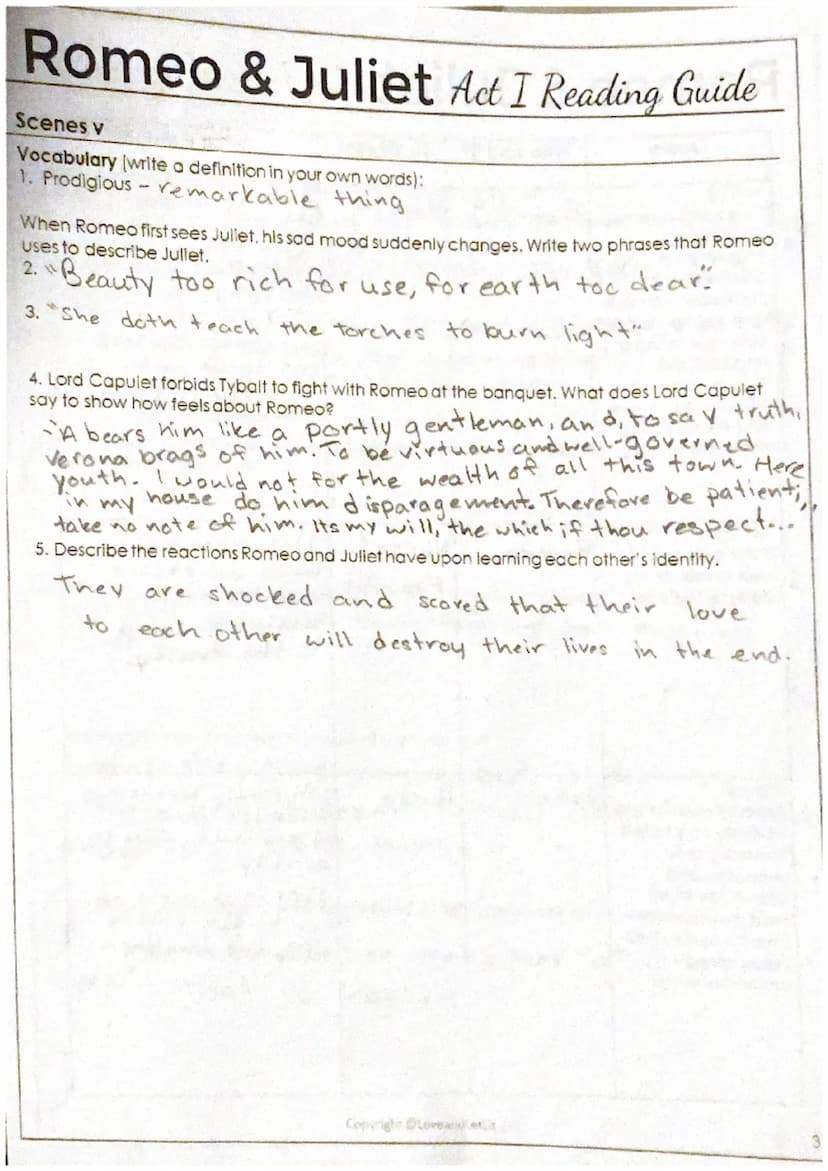 Romeo & Juliet Act I Reading Guide
50150
Characters: Write a brief description of each character including personality traits and the
charac