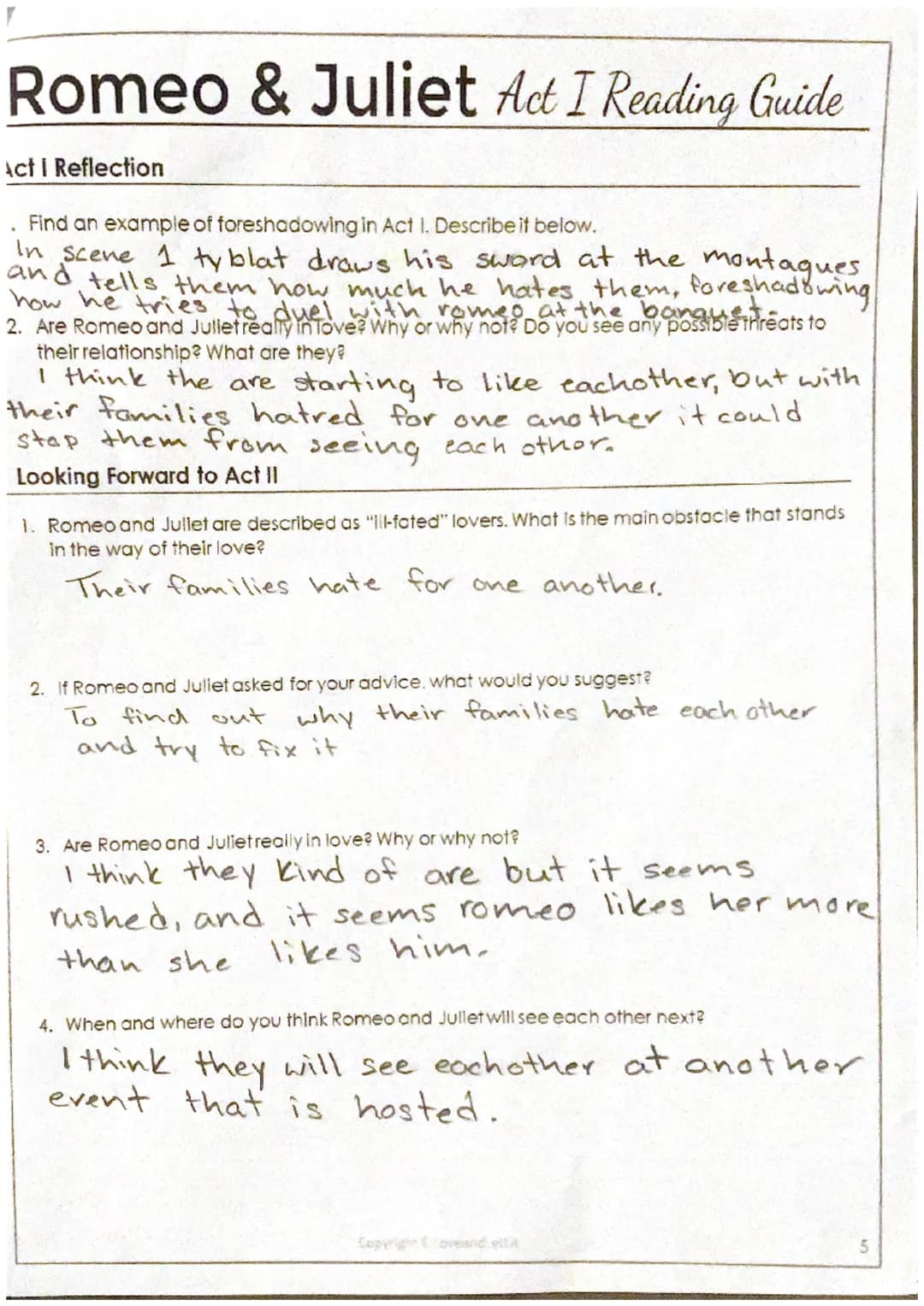 Romeo & Juliet Act I Reading Guide
50150
Characters: Write a brief description of each character including personality traits and the
charac