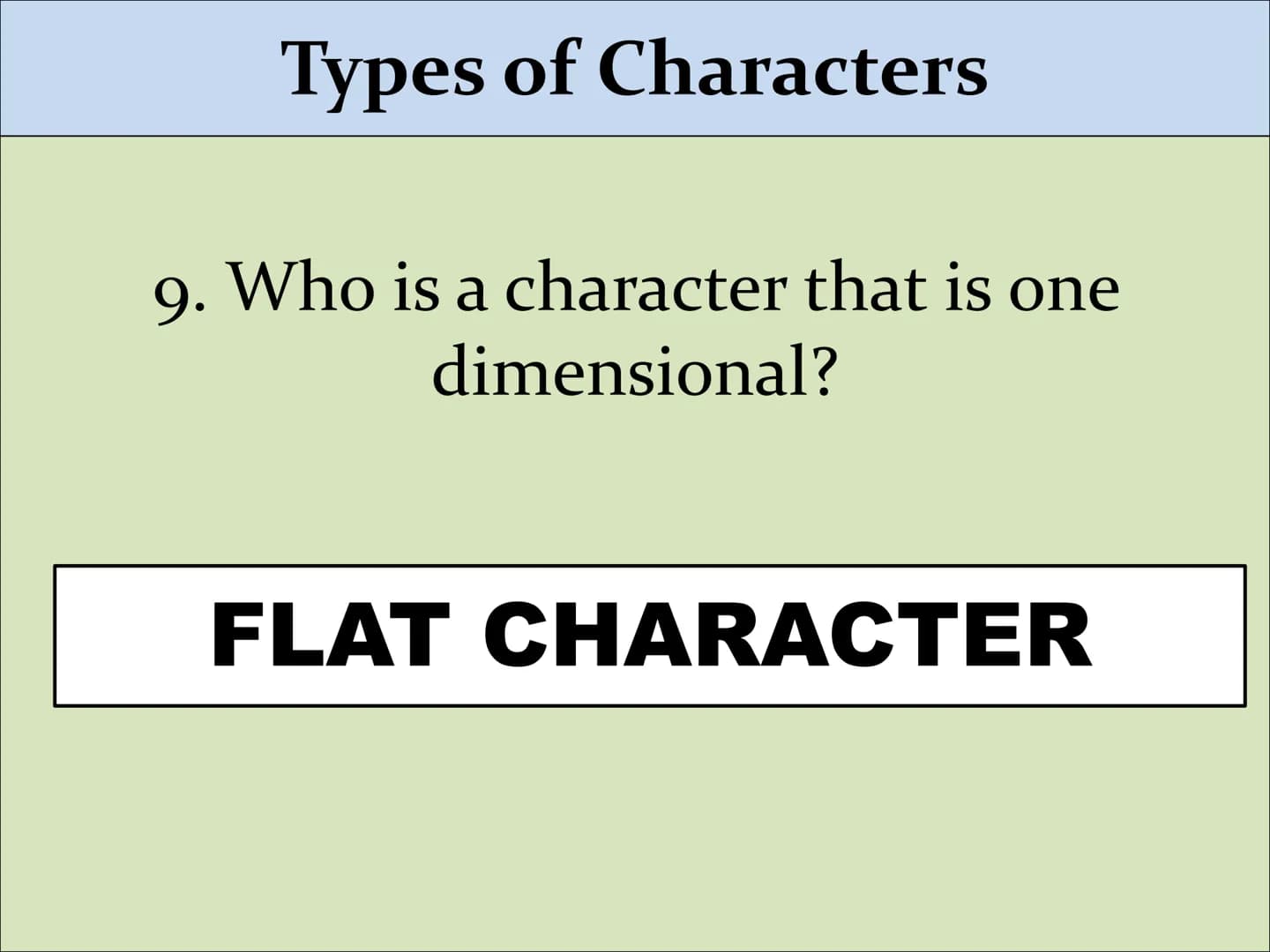Types of Characters Types of Characters
1. Who is the main character in a story?
PROTAGONIST Types of Characters
2. Who stands against the p