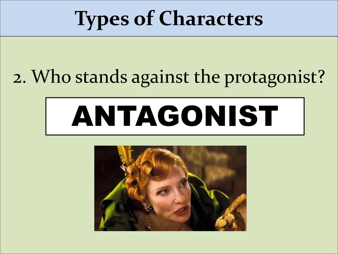 Types of Characters Types of Characters
1. Who is the main character in a story?
PROTAGONIST Types of Characters
2. Who stands against the p