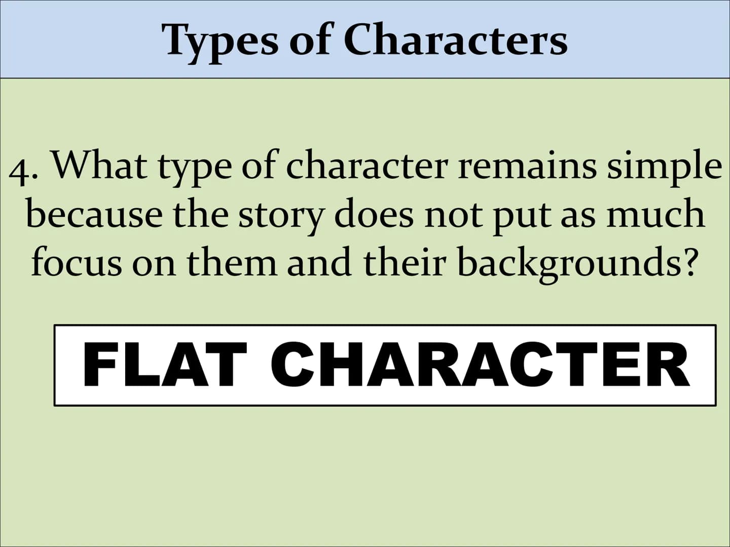 Types of Characters Types of Characters
1. Who is the main character in a story?
PROTAGONIST Types of Characters
2. Who stands against the p