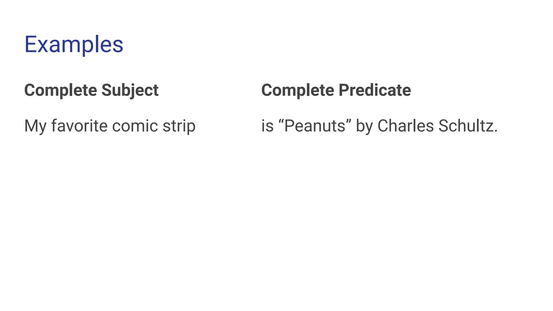 Chapter 6
Parts of a Sentence 6.1 Complete Subjects and Predicates
Sentence- a word group that expresses a complete thought.
• Subject-the p
