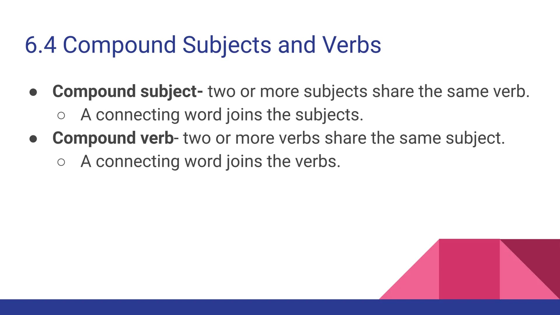 Chapter 6
Parts of a Sentence 6.1 Complete Subjects and Predicates
Sentence- a word group that expresses a complete thought.
• Subject-the p
