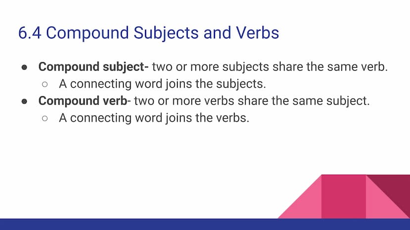 Chapter 6
Parts of a Sentence 6.1 Complete Subjects and Predicates
Sentence- a word group that expresses a complete thought.
• Subject-the p