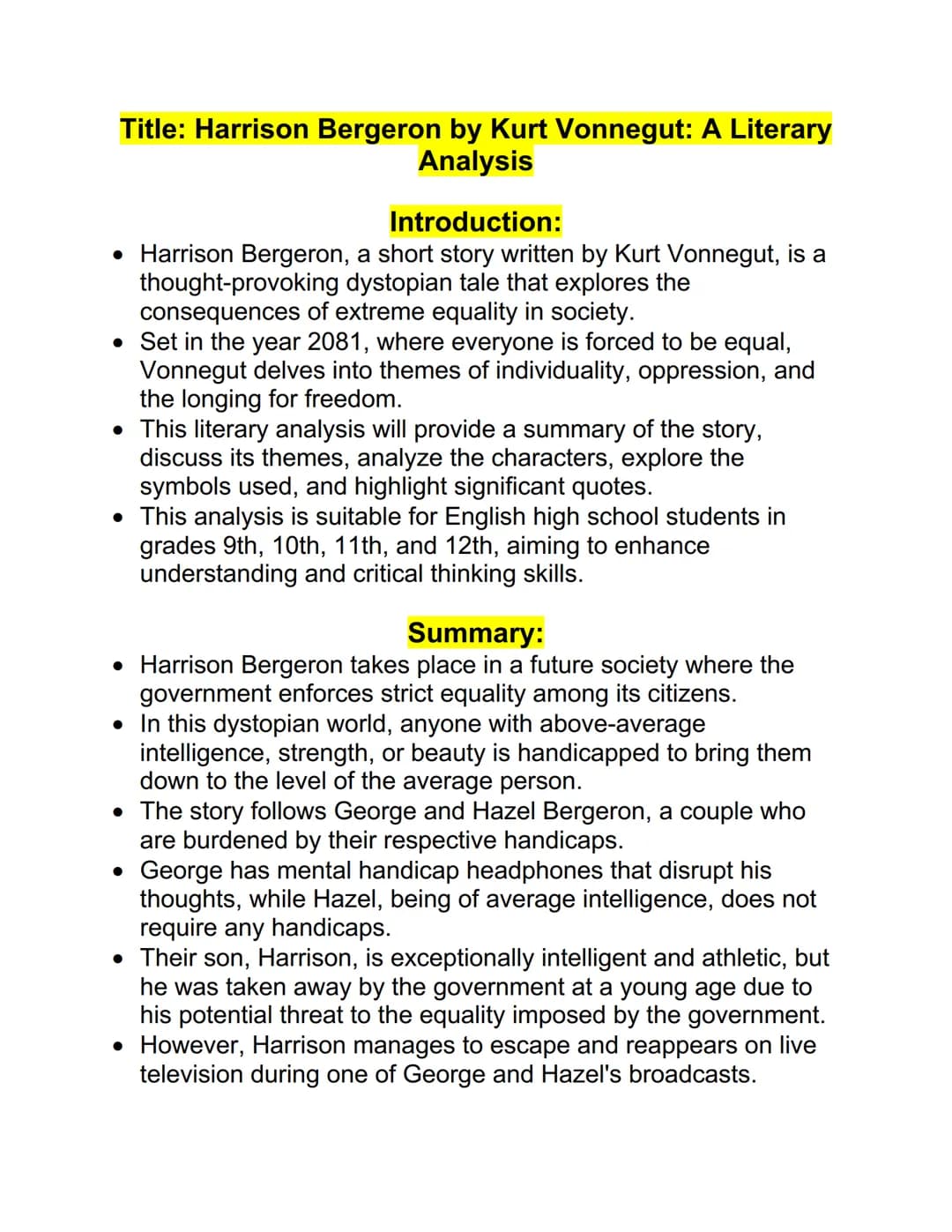 Title: Harrison Bergeron by Kurt Vonnegut: A Literary
Analysis
Introduction:
• Harrison Bergeron, a short story written by Kurt Vonnegut, is