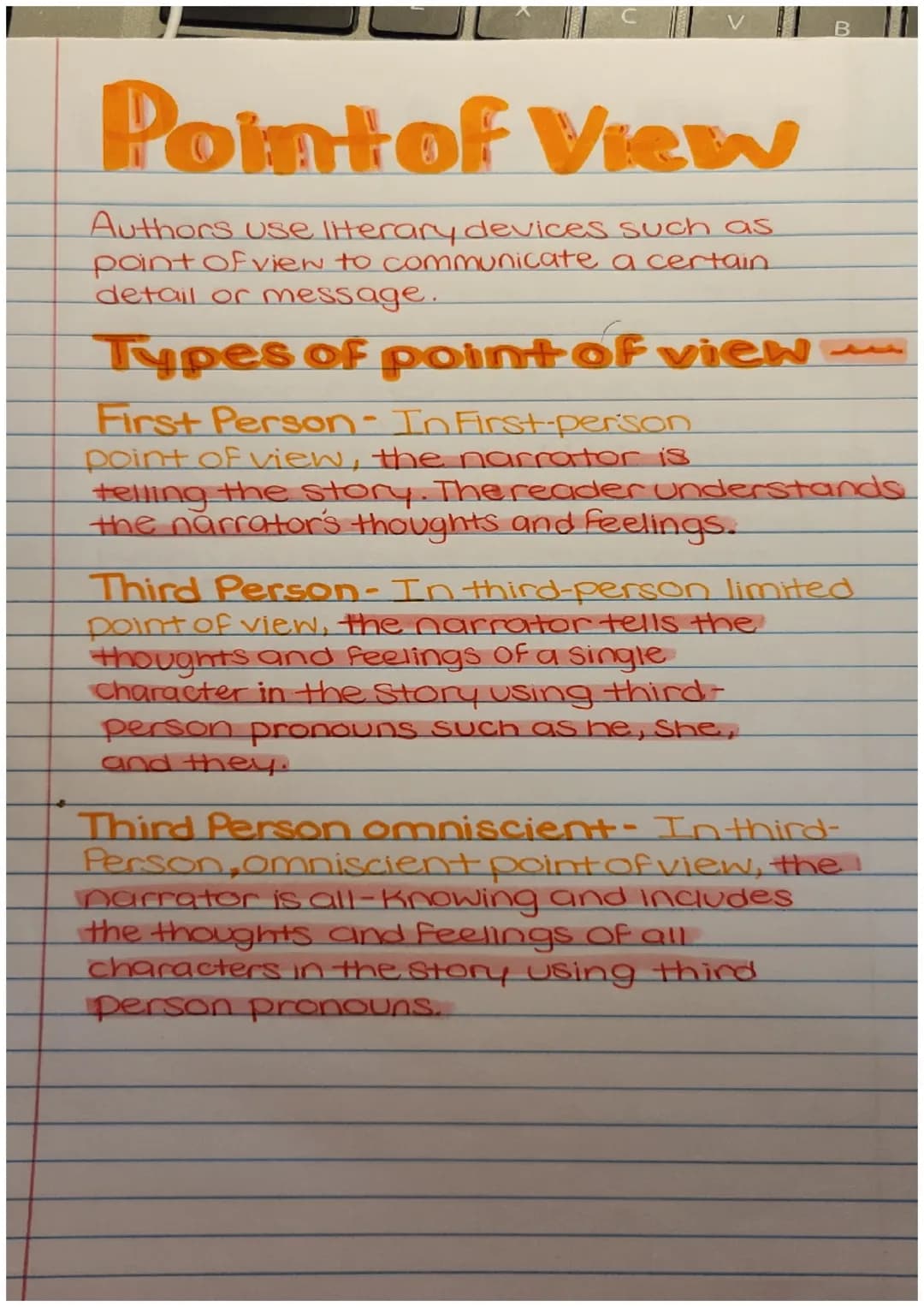 B
Point of View
Authors use literary devices such as
point of view to communicate a certain.
detail or message.
Types of point of view.
Firs