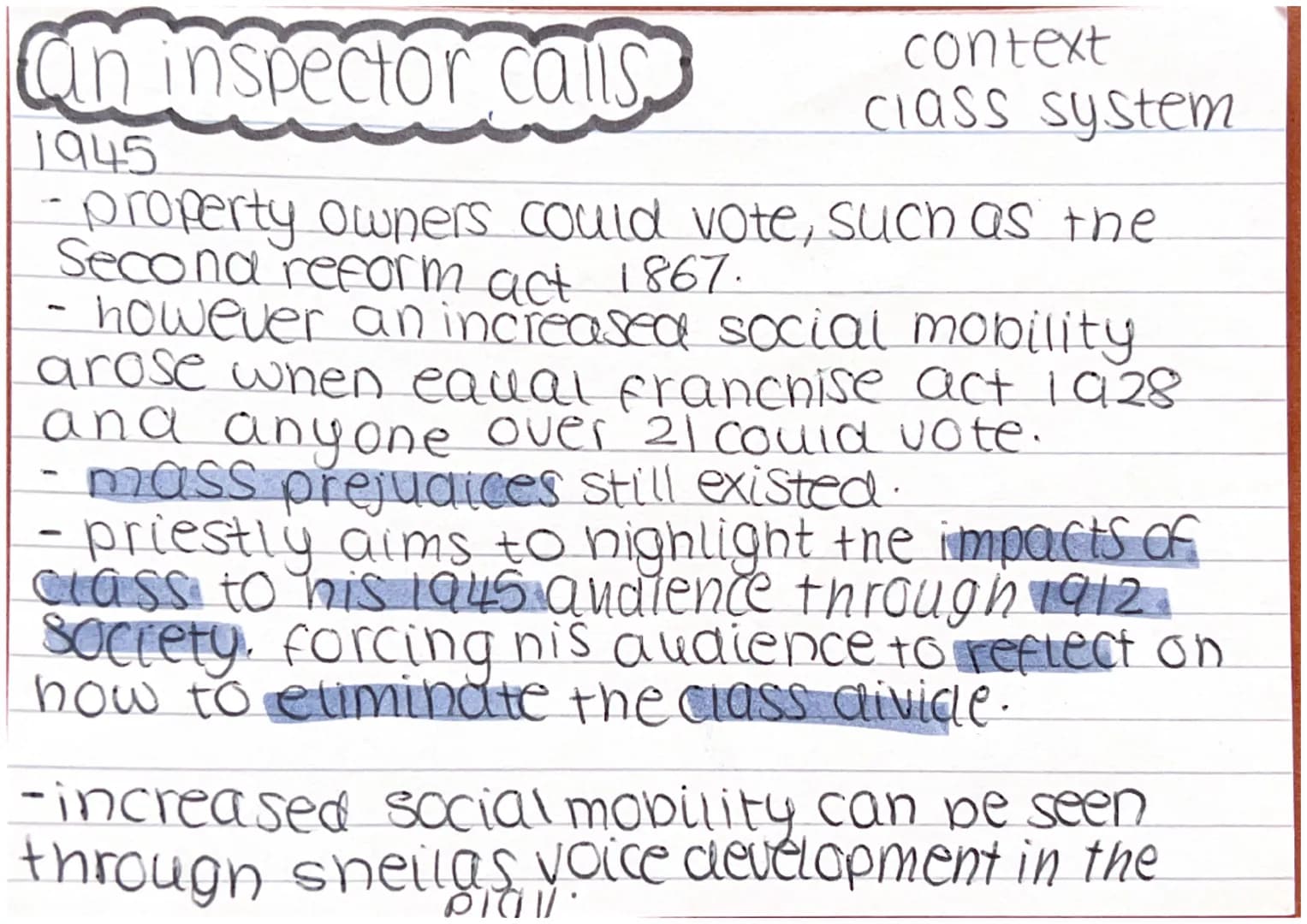 context
class system.
an inspector calls
1912
- rigid class system, those who belonged
to a class system were confined and
restricted by thi