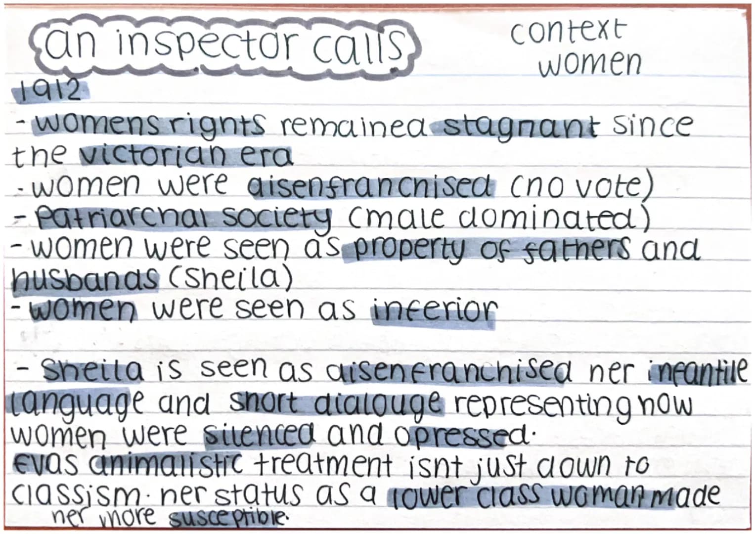 context
class system.
an inspector calls
1912
- rigid class system, those who belonged
to a class system were confined and
restricted by thi